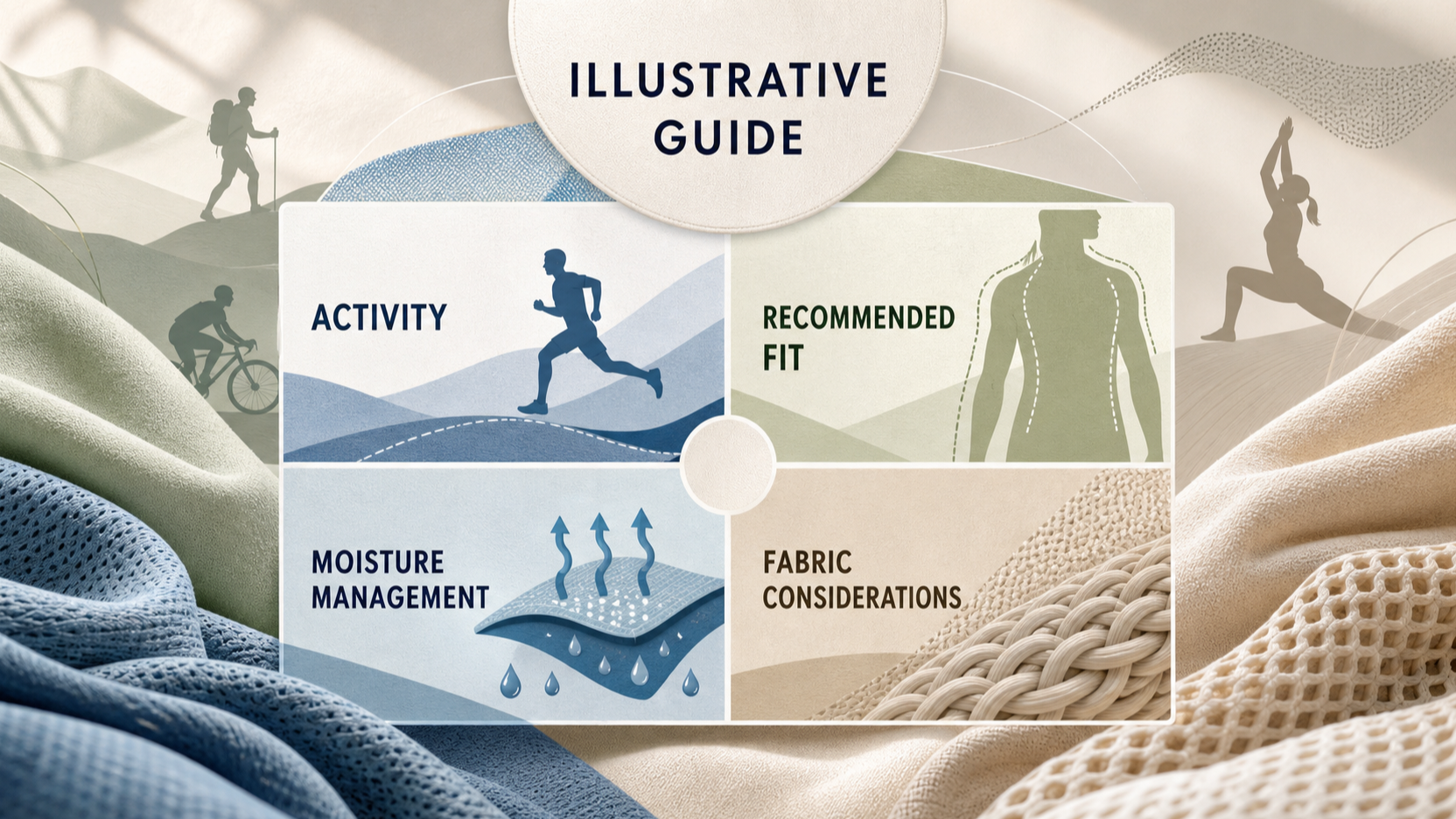 Illustrative decision guide: activity-specific athleisure selection matrix covering fit, moisture management and fabric considerations (illustrative).