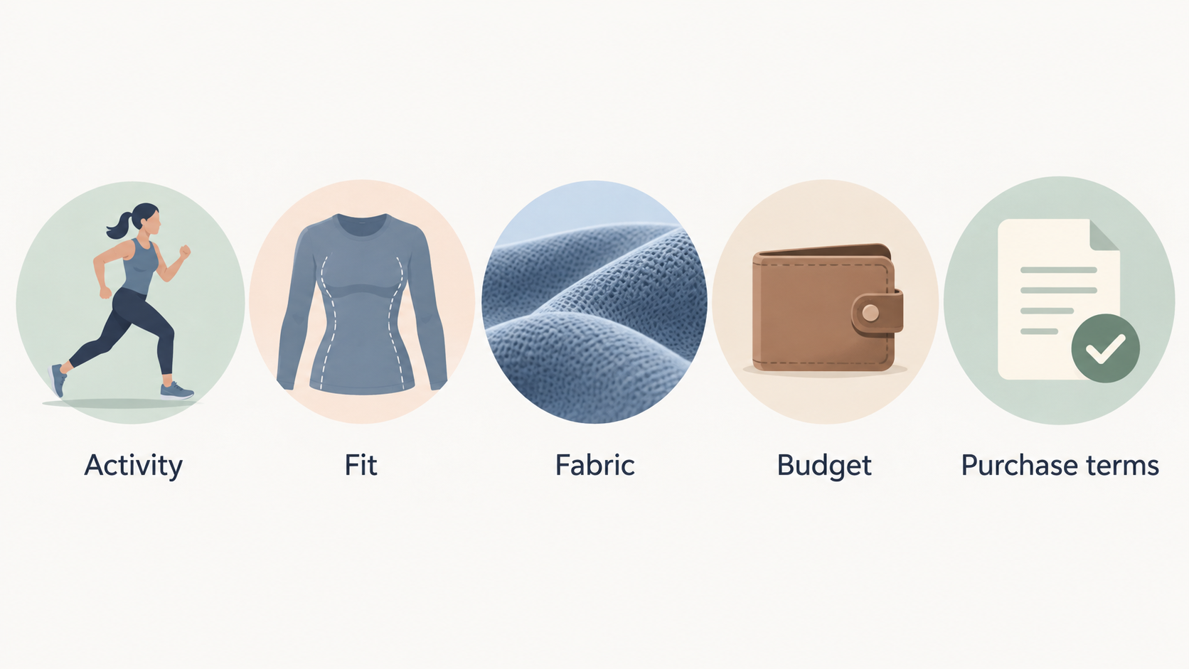 One row of five simple icons labeled Activity, Fit, Fabric, Budget, and Purchase terms, showing the criteria for assessing an exact garment.