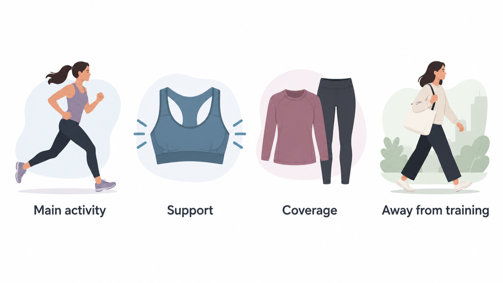 Show the section’s three stated starting points for matching a brand and garment in one row of icons: “Main activity,” “Support and coverage,” and “Wear away from training.”
