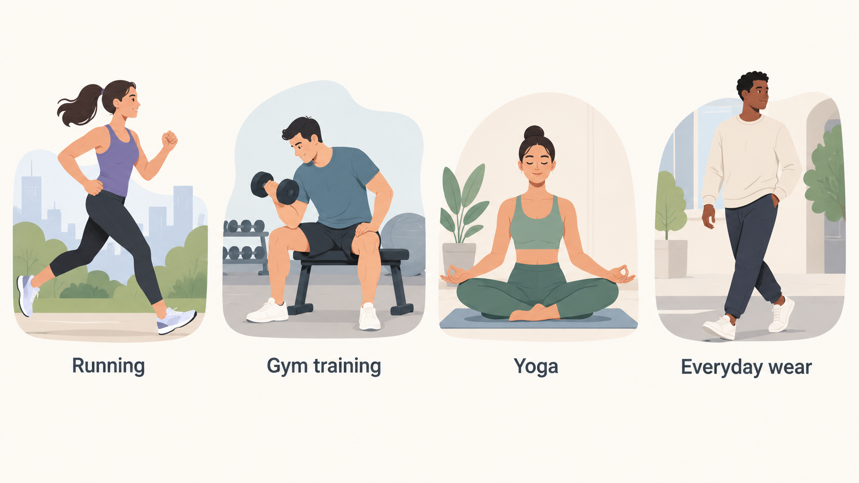 Show the comparison’s stated scope in one row of four activity icons labeled “Running,” “Gym training,” “Yoga,” and “Everyday wear.”
