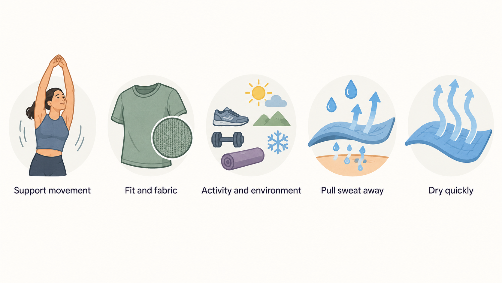 Show one numbered checklist of four points the section states: activity and environment, sweat-wicking and quick-drying fabric, unobstructed movement, and avoiding equipment catches or slowing down.