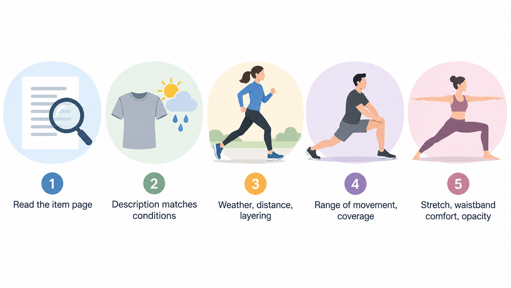 A numbered checklist with five points: Product description; Wear conditions; Construction details; Sizing; Price and likely use.
