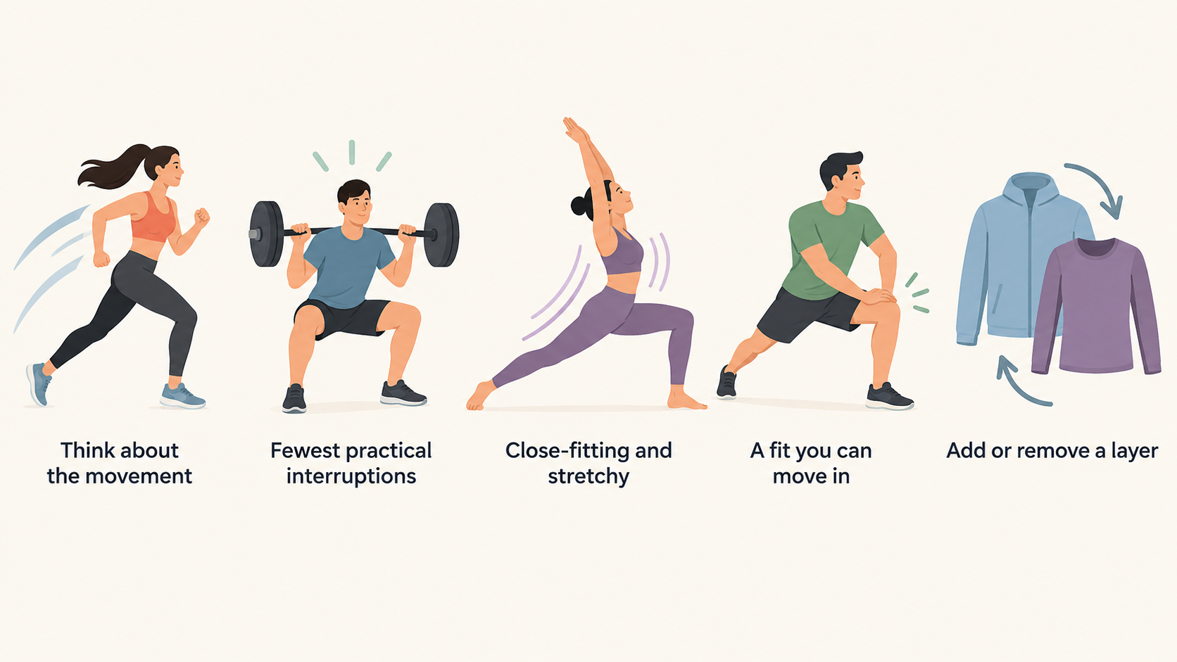 Visually compare the section’s three activity groups and the clothing considerations it states for each.