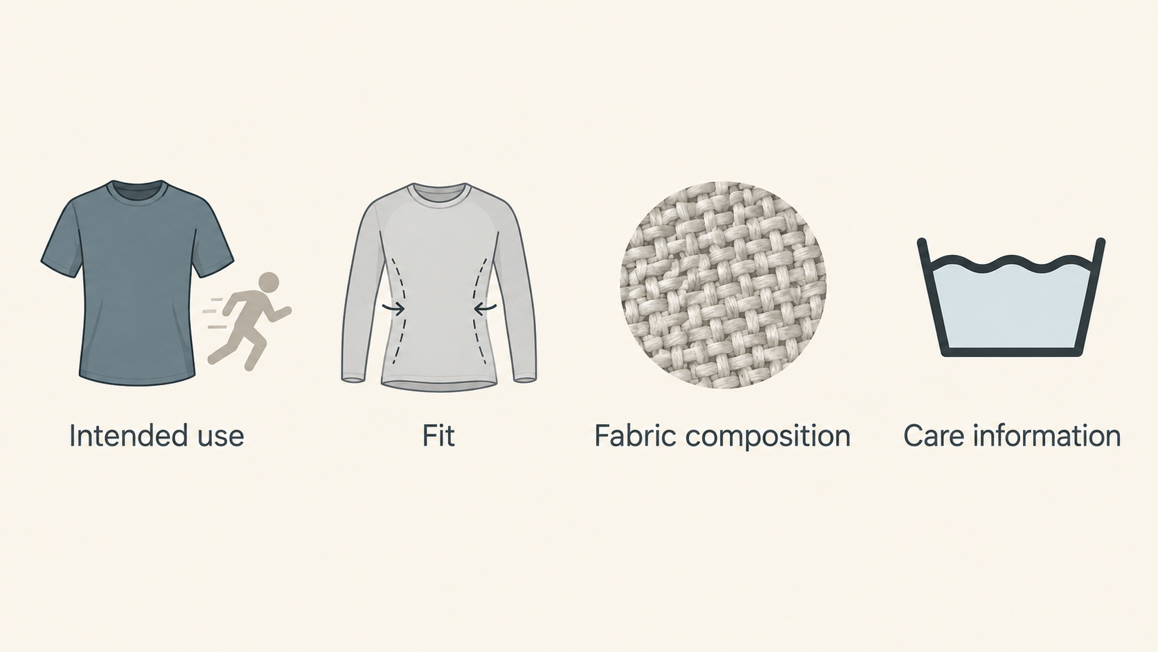 One row of four simple icons labeled Activity, Preferred fit, Fabric details, and Total checkout cost, reflecting the section's suggested comparison notes.